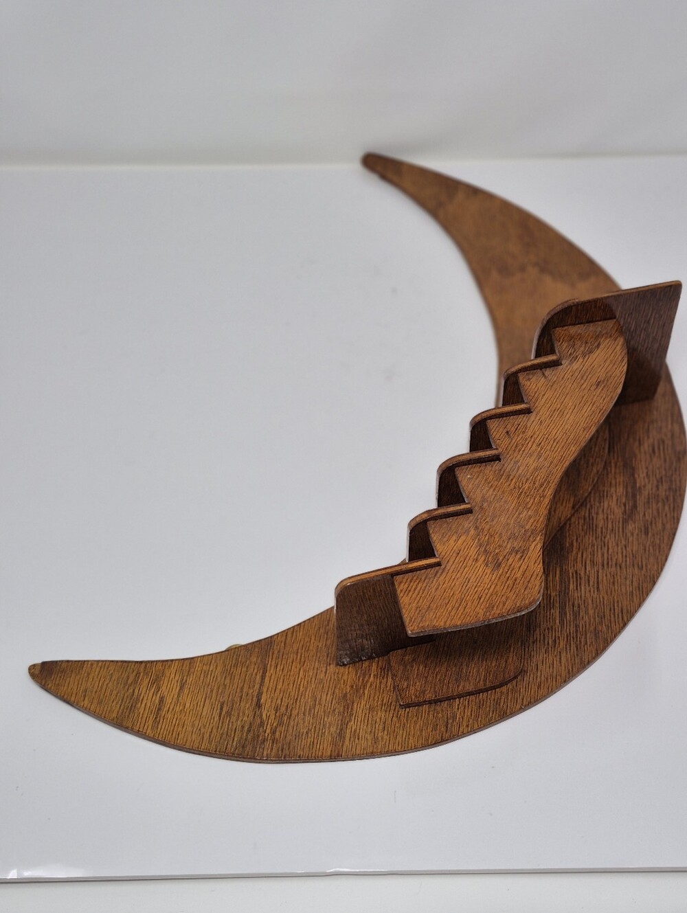 Vintage MCM Wood Crescent Moon Staircase Trinket Wall Hanging Shelf